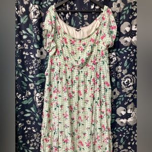Green and white checked floral retro off the shoulder dress, Torrid size 2